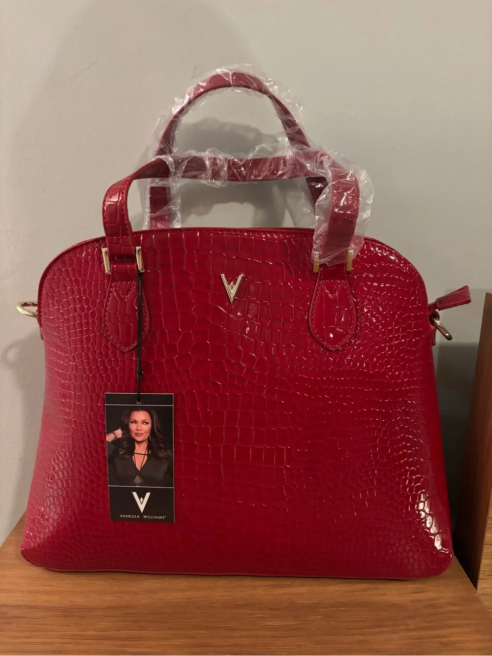 Vanessa Williams Lush round satchel vibrant red crocodile-embossed faux leather